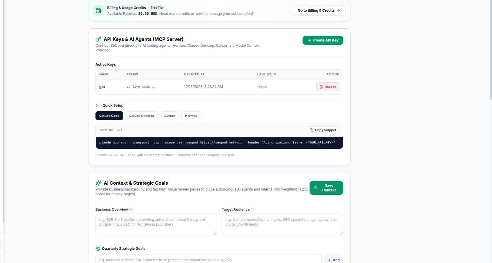Seopod API Keys and AI Agents card showing the Active Keys table and the Claude Code quick setup snippet